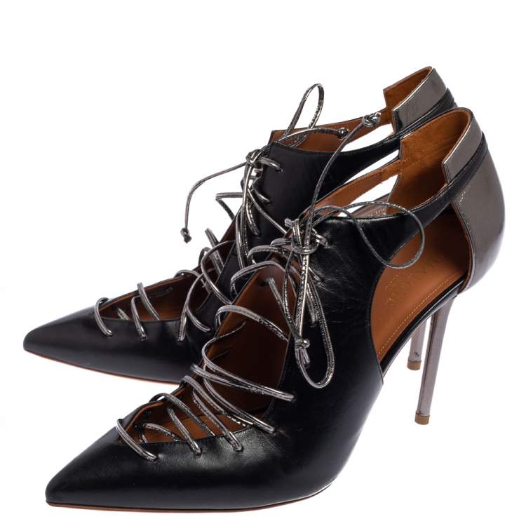 Pre Owned Malone Souliers Black Leather Montana Pointed Toe Lace Up Booties Size 41