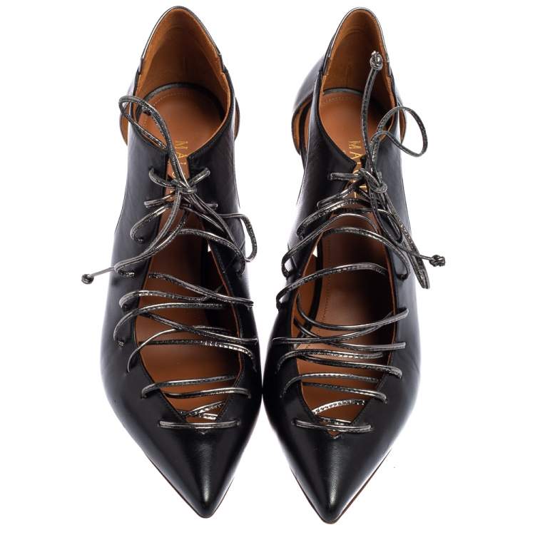 Pre Owned Malone Souliers Black Leather Montana Pointed Toe Lace Up Booties Size 41