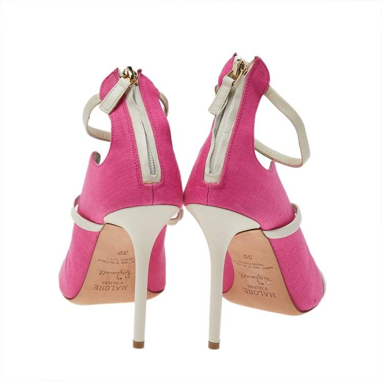 Pre Owned Malone Souliers Pink/White Canvas And Leather Mika Triple Band Peep Toe Sandals Size 39