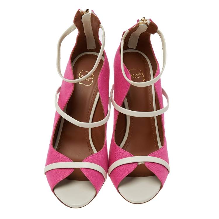 Pre Owned Malone Souliers Pink/White Canvas And Leather Mika Triple Band Peep Toe Sandals Size 39