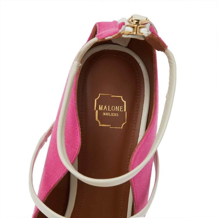 Pre Owned Malone Souliers Pink/White Canvas And Leather Mika Triple Band Peep Toe Sandals Size 39