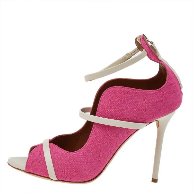 Pre Owned Malone Souliers Pink/White Canvas And Leather Mika Triple Band Peep Toe Sandals Size 39