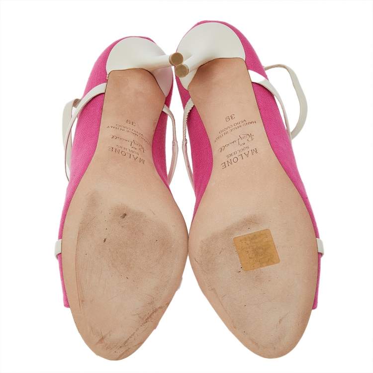 Pre Owned Malone Souliers Pink/White Canvas And Leather Mika Triple Band Peep Toe Sandals Size 39