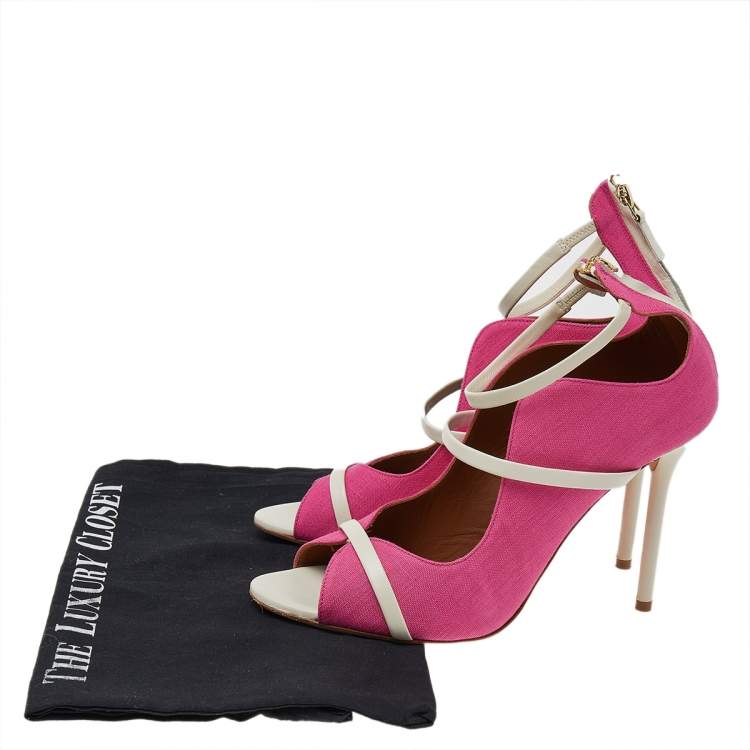 Pre Owned Malone Souliers Pink/White Canvas And Leather Mika Triple Band Peep Toe Sandals Size 39