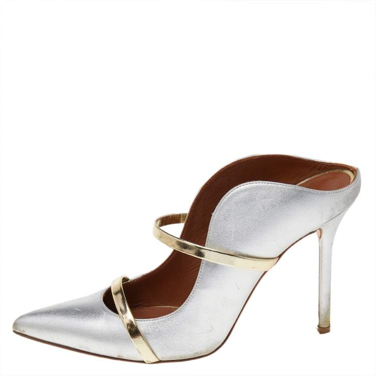 Pre Owned Malone Souliers Silver/Gold Patent And Leather Maureen Mules Size 39