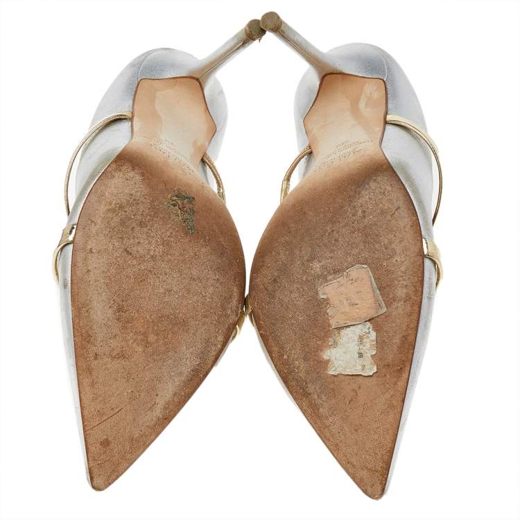 Pre Owned Malone Souliers Silver/Gold Patent And Leather Maureen Mules Size 39