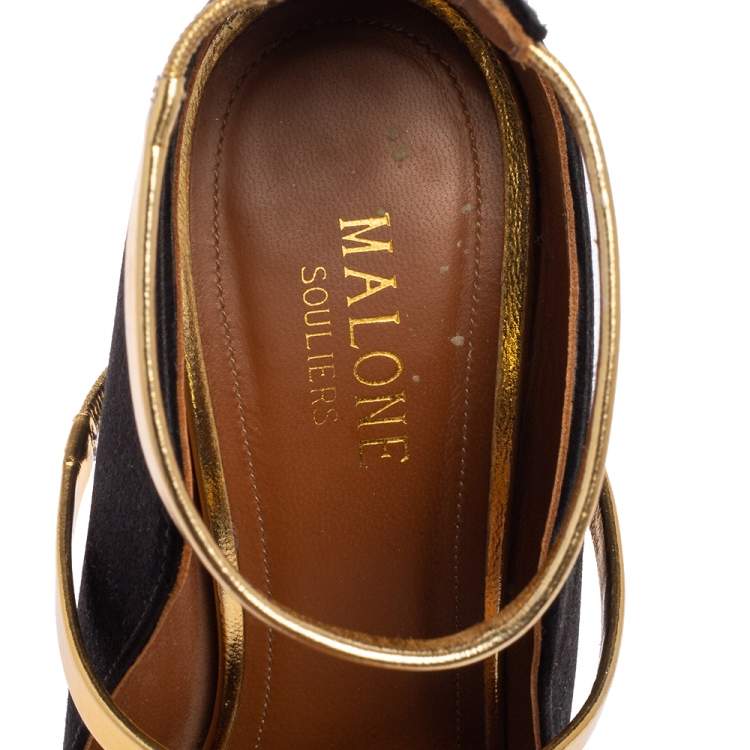 مملوكة مسبقًا Malone Souliers Gold/Black Satin and Leather Mika Triple Band Peep Toe Pumps Size 37.5
