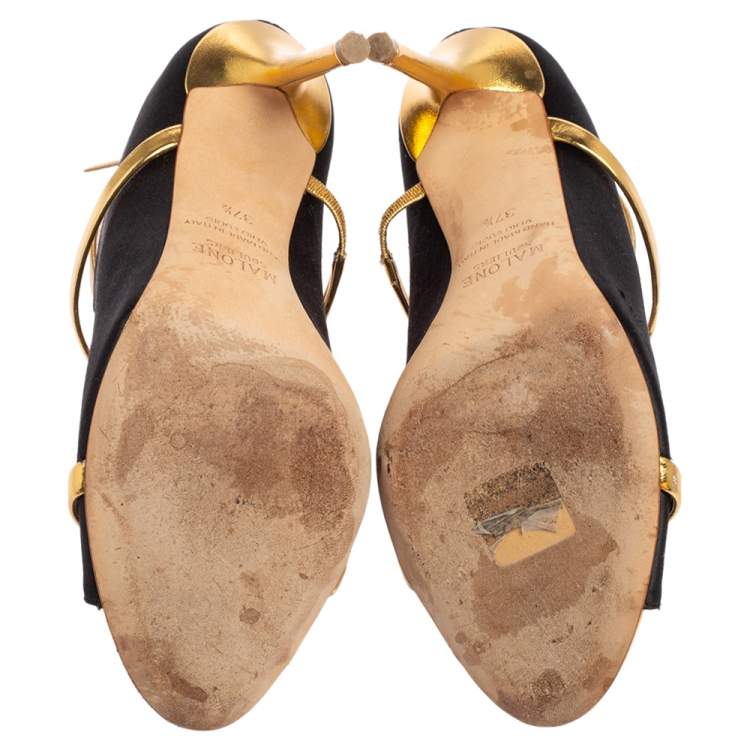 مملوكة مسبقًا Malone Souliers Gold/Black Satin and Leather Mika Triple Band Peep Toe Pumps Size 37.5