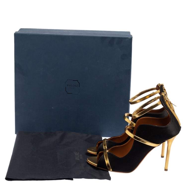 مملوكة مسبقًا Malone Souliers Gold/Black Satin and Leather Mika Triple Band Peep Toe Pumps Size 37.5