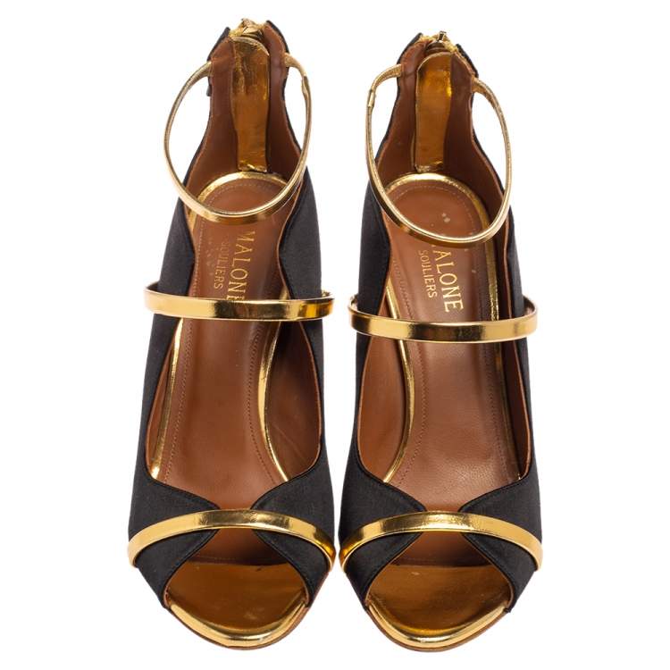 مملوكة مسبقًا Malone Souliers Gold/Black Satin and Leather Mika Triple Band Peep Toe Pumps Size 37.5