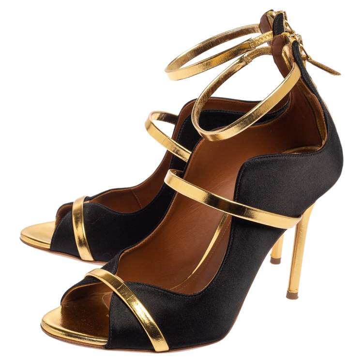 مملوكة مسبقًا Malone Souliers Gold/Black Satin and Leather Mika Triple Band Peep Toe Pumps Size 37.5