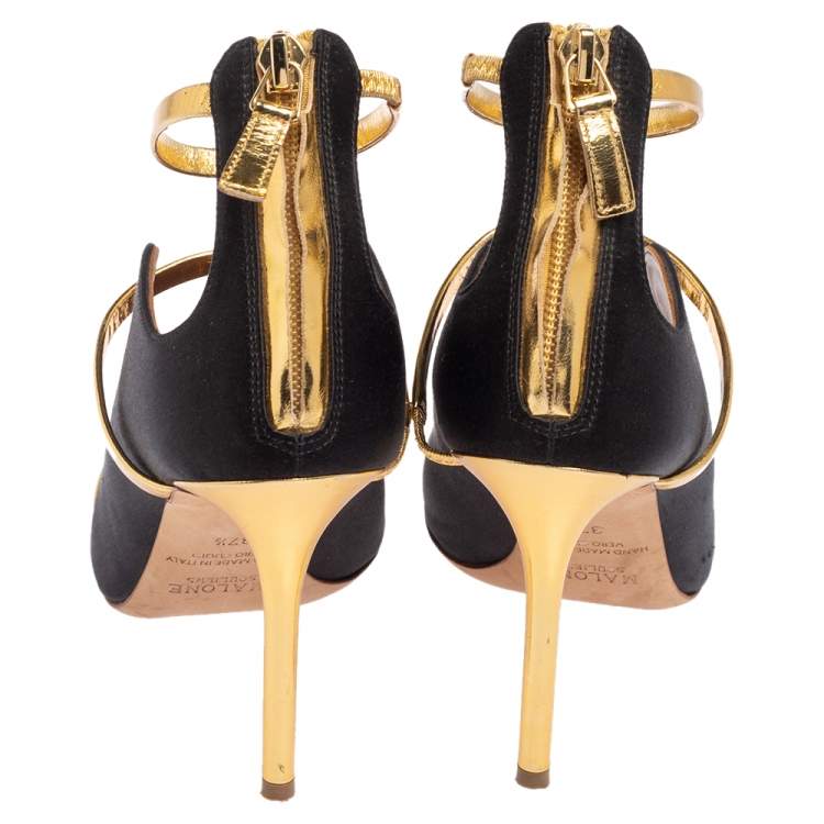 مملوكة مسبقًا Malone Souliers Gold/Black Satin and Leather Mika Triple Band Peep Toe Pumps Size 37.5