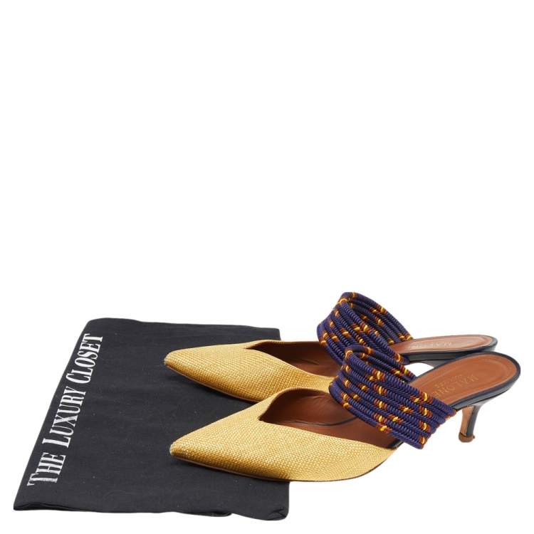 Pre Owned Malone Souliers Gold/Blue Fabric Maisie Mules Sandals Size 37.5