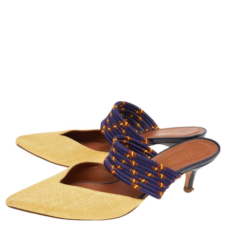 Pre Owned Malone Souliers Gold/Blue Fabric Maisie Mules Sandals Size 37.5