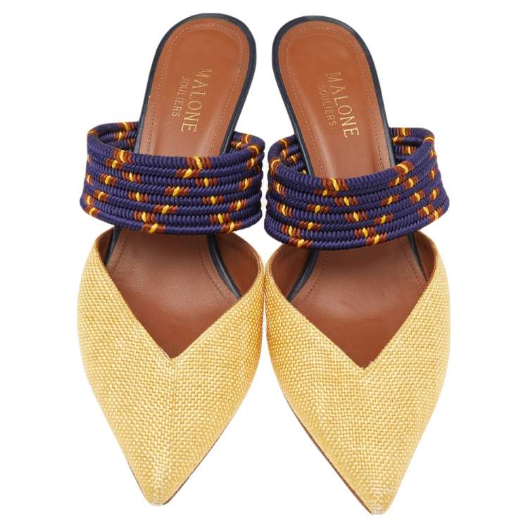 Pre Owned Malone Souliers Gold/Blue Fabric Maisie Mules Sandals Size 37.5