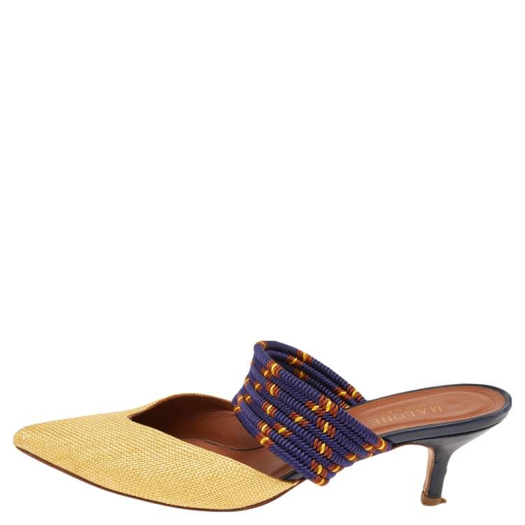 Pre Owned Malone Souliers Gold/Blue Fabric Maisie Mules Sandals Size 37.5