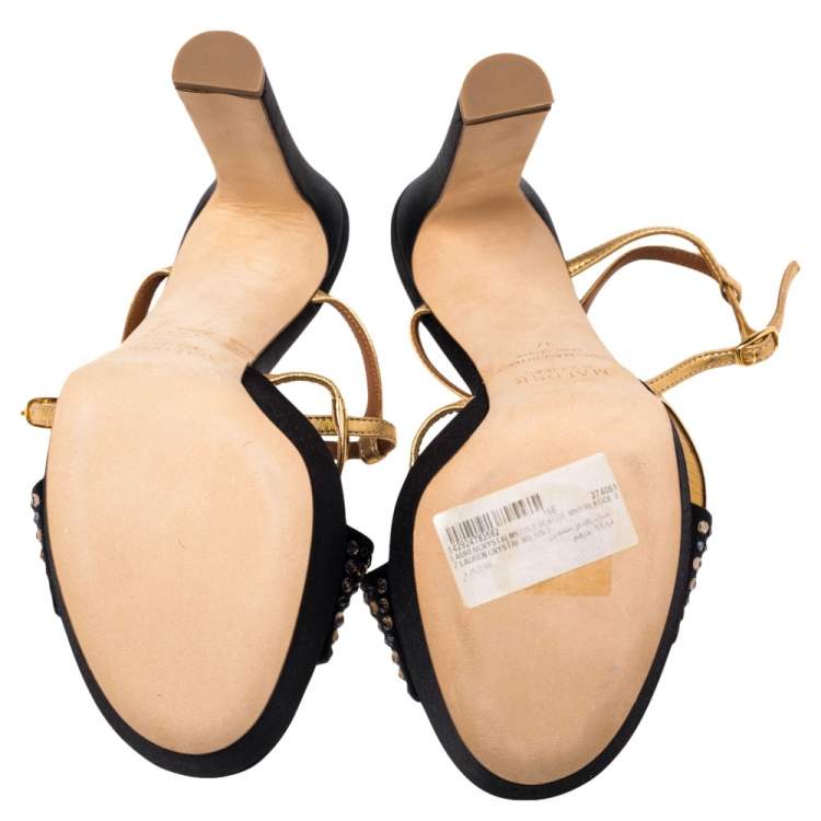 Pre Owned Malone Souliers Lauren Black/Gold Satin Embellished Platform Sandals Size 37