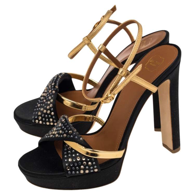 Pre Owned Malone Souliers Lauren Black/Gold Satin Embellished Platform Sandals Size 37
