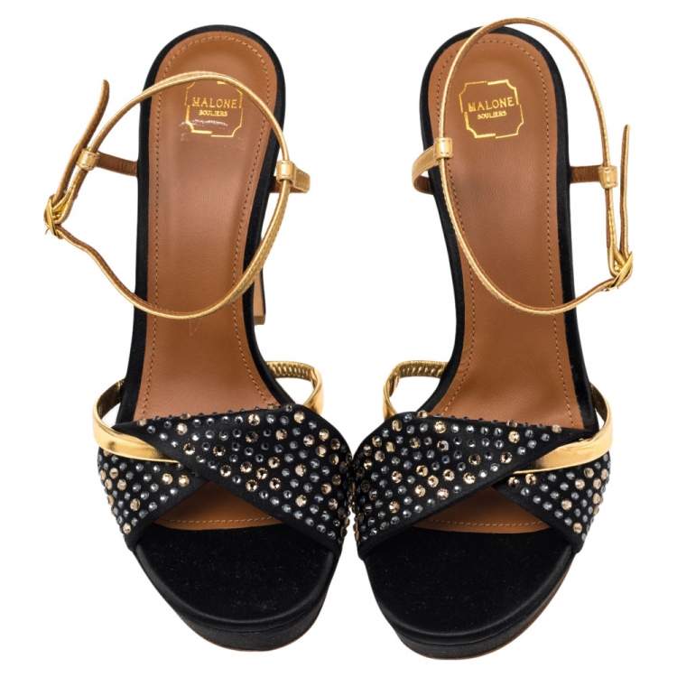 Pre Owned Malone Souliers Lauren Black/Gold Satin Embellished Platform Sandals Size 37