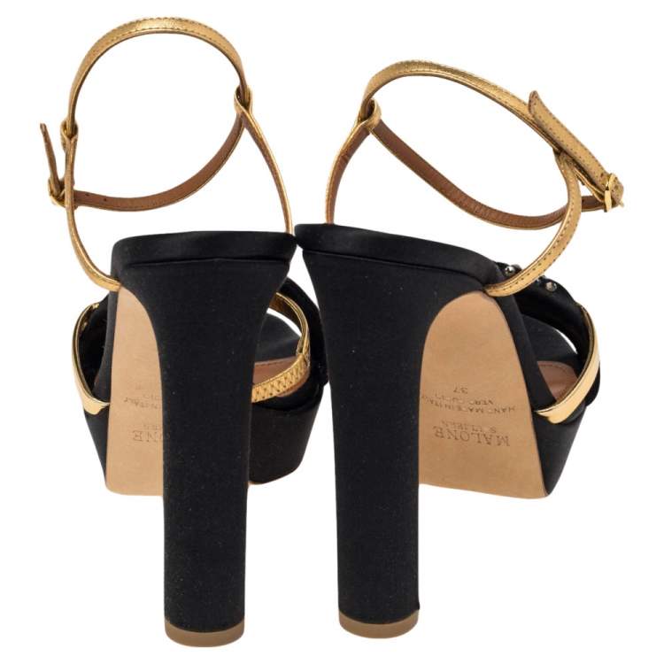 Pre Owned Malone Souliers Lauren Black/Gold Satin Embellished Platform Sandals Size 37