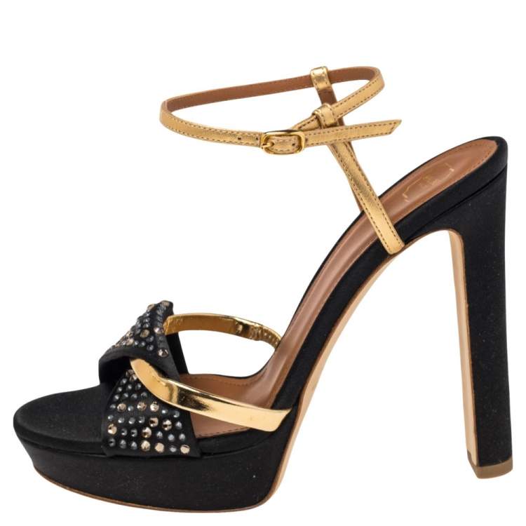 Pre Owned Malone Souliers Lauren Black/Gold Satin Embellished Platform Sandals Size 37