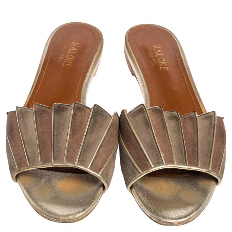 Pre Owned Malone Souliers Gold/Beige Suede Slide Sandals Size 37