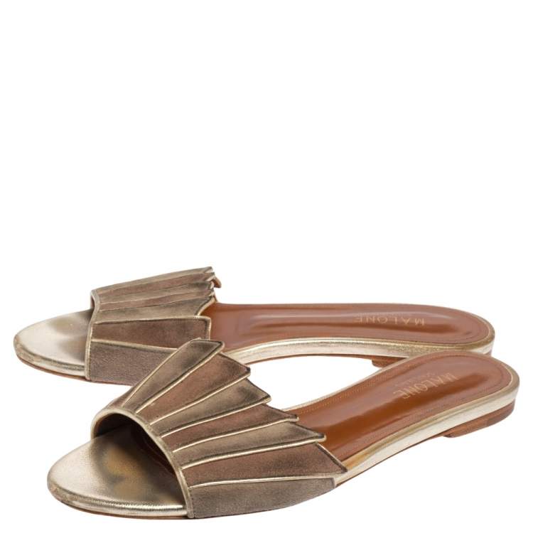 Pre Owned Malone Souliers Gold/Beige Suede Slide Sandals Size 37