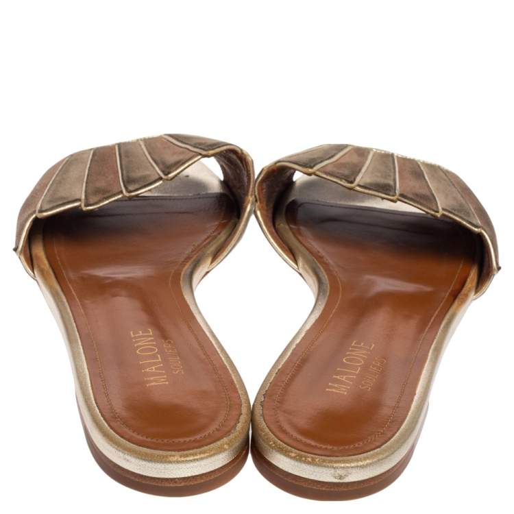 Pre Owned Malone Souliers Gold/Beige Suede Slide Sandals Size 37