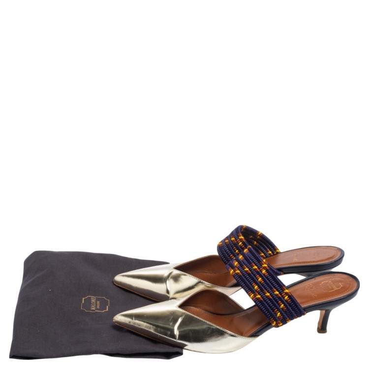 Pre Owned Malone Souliers Metallic Gold Leather and Cord Maisie Pointed Toe Mules Size 39.5