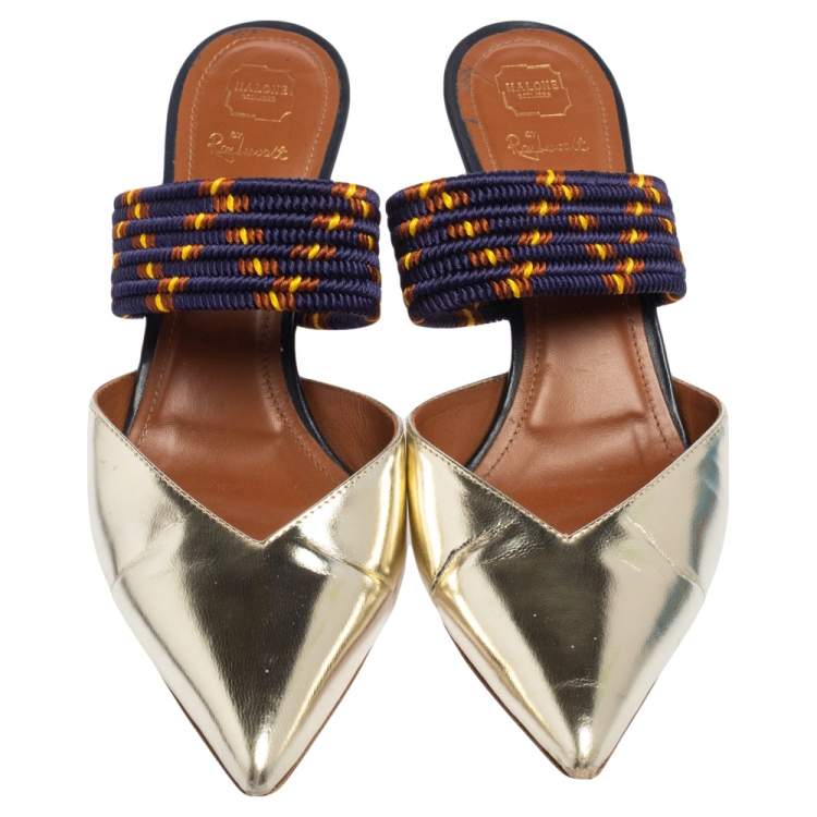 Pre Owned Malone Souliers Metallic Gold Leather and Cord Maisie Pointed Toe Mules Size 39.5