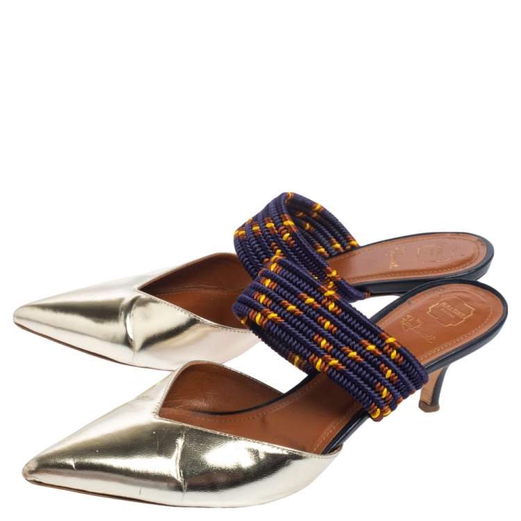 Pre Owned Malone Souliers Metallic Gold Leather and Cord Maisie Pointed Toe Mules Size 39.5