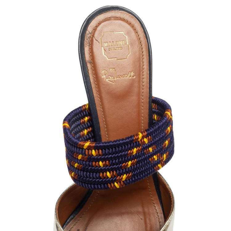 Pre Owned Malone Souliers Metallic Gold Leather and Cord Maisie Pointed Toe Mules Size 39.5