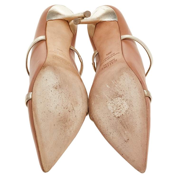 Pre Owned Malone Souliers Beige/Gold Leather Maureen Pointed Toe Mules Size 38.5