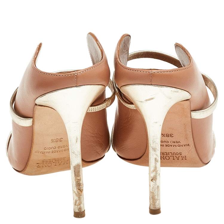 Pre Owned Malone Souliers Beige/Gold Leather Maureen Pointed Toe Mules Size 38.5