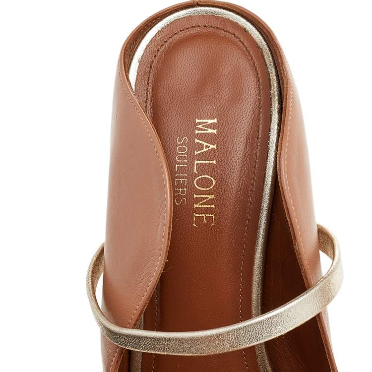 Pre Owned Malone Souliers Beige/Gold Leather Maureen Pointed Toe Mules Size 38.5