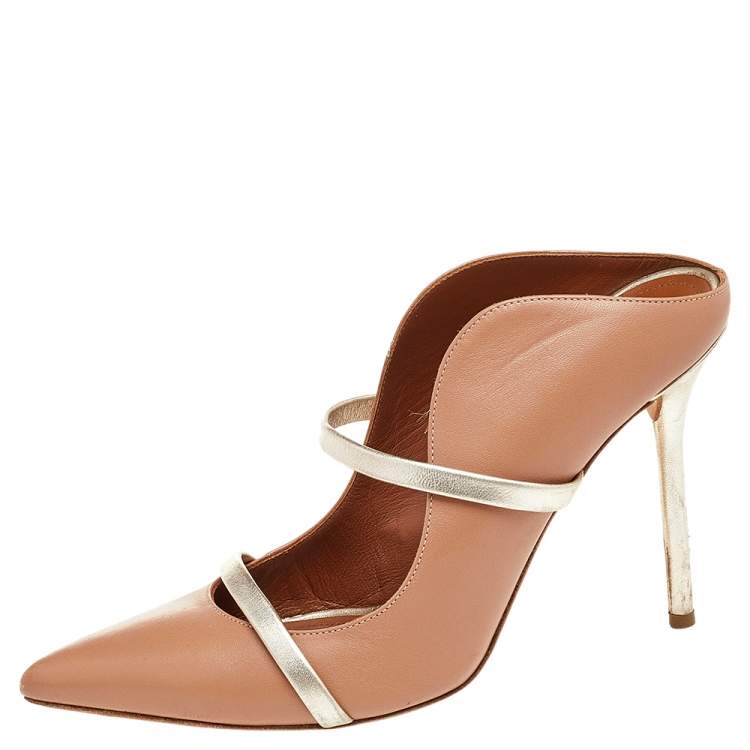 Pre Owned Malone Souliers Beige/Gold Leather Maureen Pointed Toe Mules Size 38.5