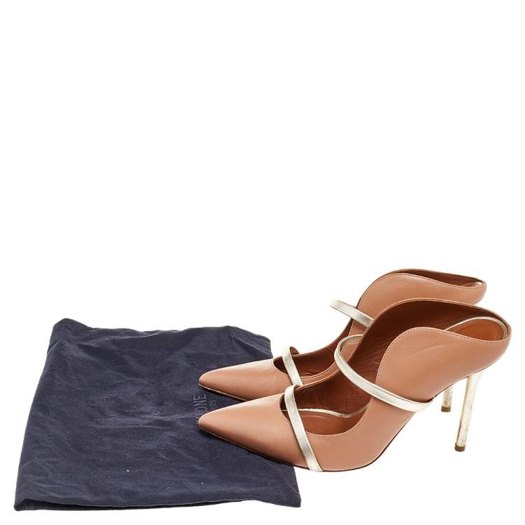 Pre Owned Malone Souliers Beige/Gold Leather Maureen Pointed Toe Mules Size 38.5