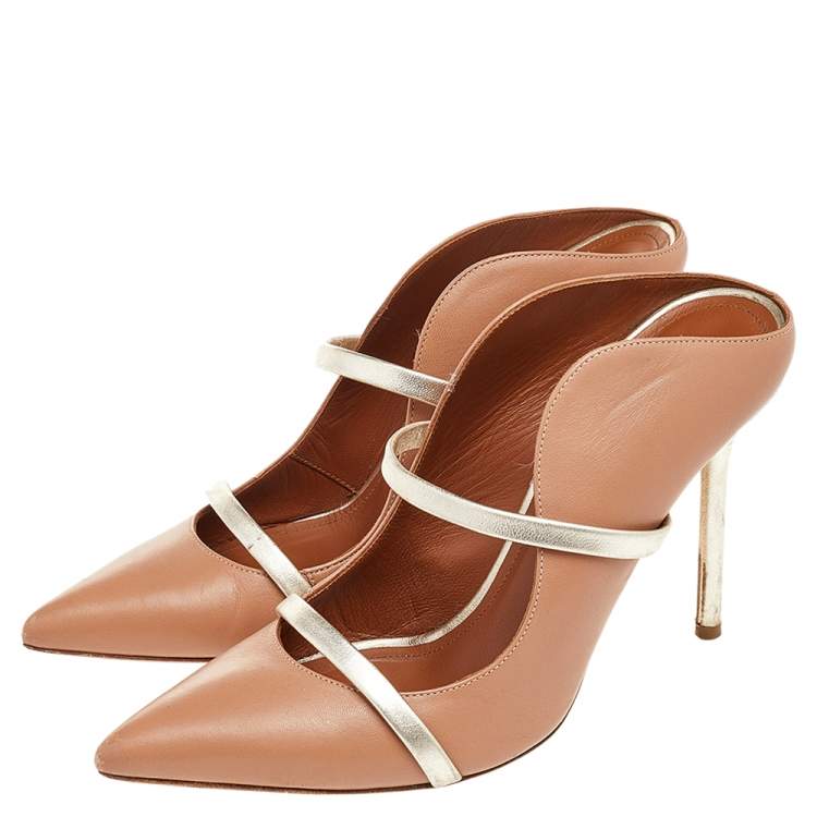 Pre Owned Malone Souliers Beige/Gold Leather Maureen Pointed Toe Mules Size 38.5