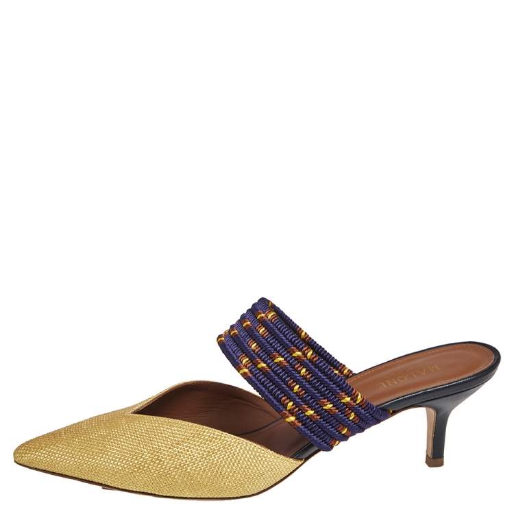 Pre Owned Malone Souliers Yellow/Purple Raffia And Fabric Maisie Mules Size 40