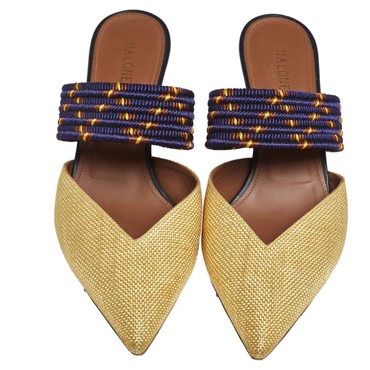 Pre Owned Malone Souliers Yellow/Purple Raffia And Fabric Maisie Mules Size 40