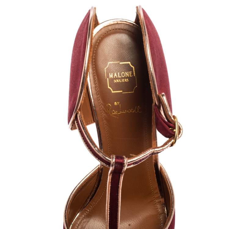 Pre Owned Malone Souliers Burgundy/Rose Gold Satin and Leather Trim Imogen Pumps Size 36