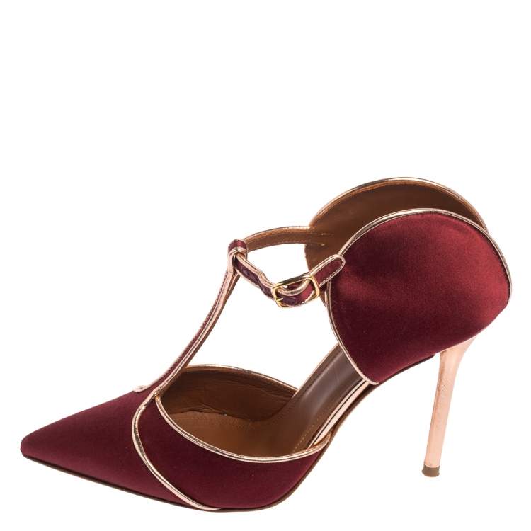 Pre Owned Malone Souliers Burgundy/Rose Gold Satin and Leather Trim Imogen Pumps Size 36