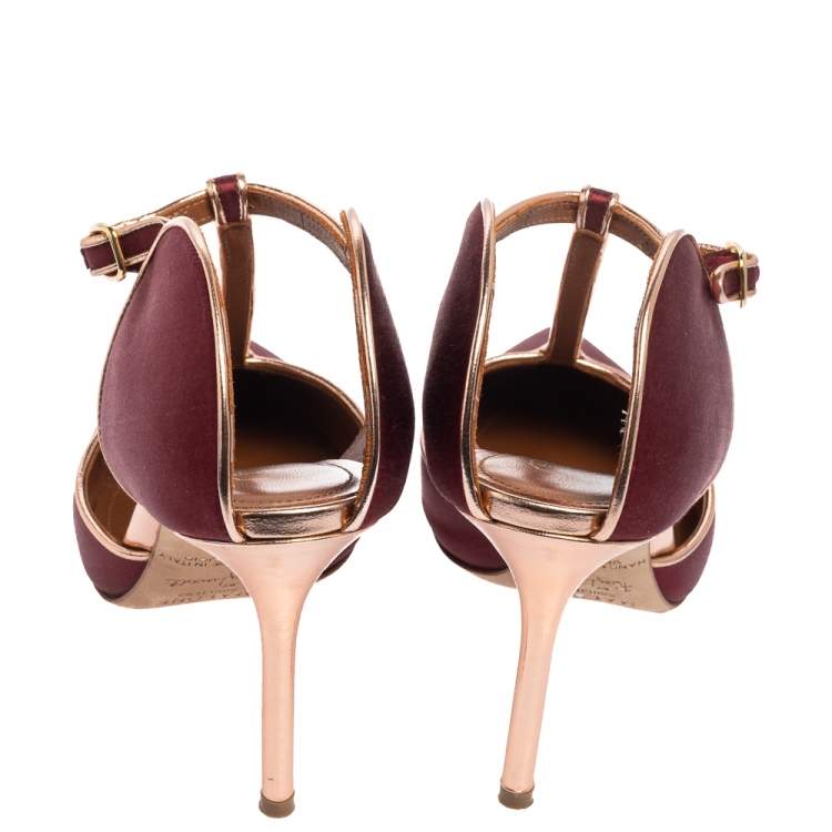 Pre Owned Malone Souliers Burgundy/Rose Gold Satin and Leather Trim Imogen Pumps Size 36