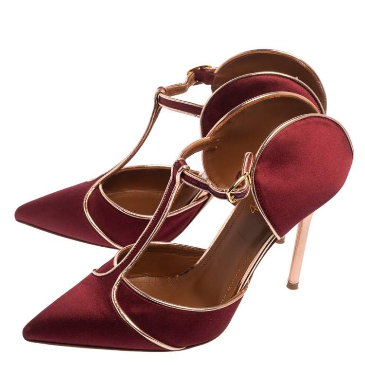 Pre Owned Malone Souliers Burgundy/Rose Gold Satin and Leather Trim Imogen Pumps Size 36