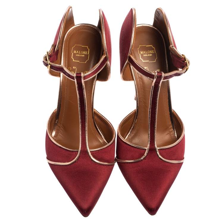 Pre Owned Malone Souliers Burgundy/Rose Gold Satin and Leather Trim Imogen Pumps Size 36