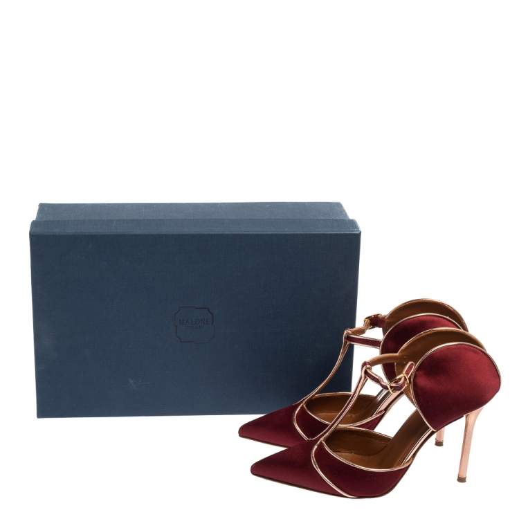 Pre Owned Malone Souliers Burgundy/Rose Gold Satin and Leather Trim Imogen Pumps Size 36