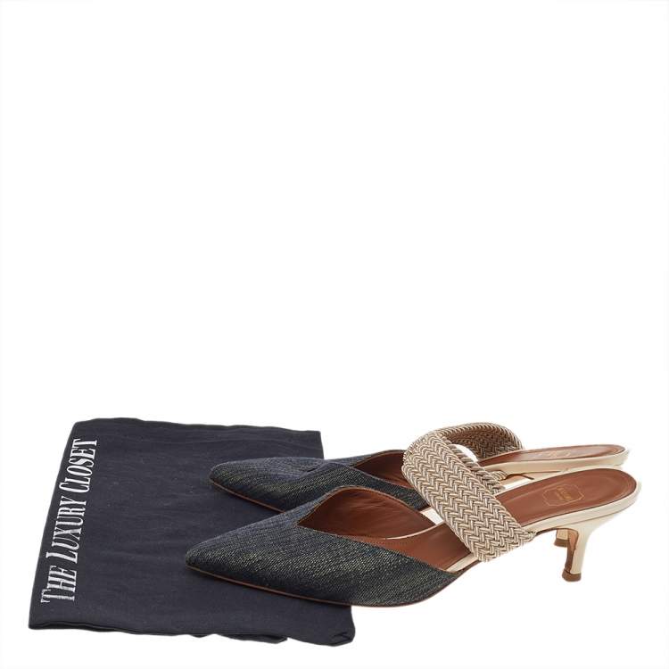 مملوكة مسبقًا Malone Souliers  Blue/Beige Canvas And Raffia Maisie Pointed Toe Mules Size 38
