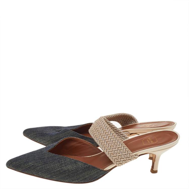 مملوكة مسبقًا Malone Souliers  Blue/Beige Canvas And Raffia Maisie Pointed Toe Mules Size 38