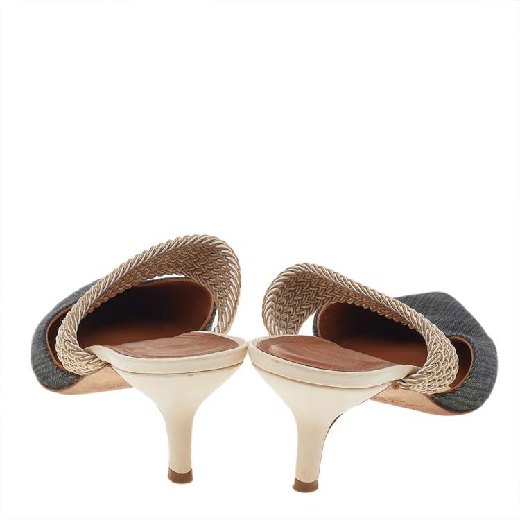مملوكة مسبقًا Malone Souliers  Blue/Beige Canvas And Raffia Maisie Pointed Toe Mules Size 38