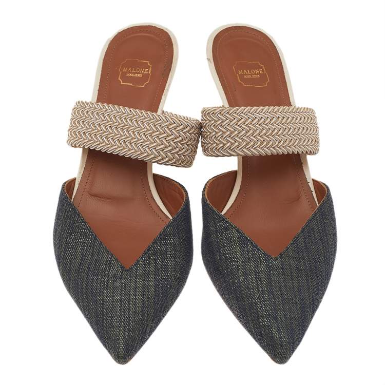مملوكة مسبقًا Malone Souliers  Blue/Beige Canvas And Raffia Maisie Pointed Toe Mules Size 38